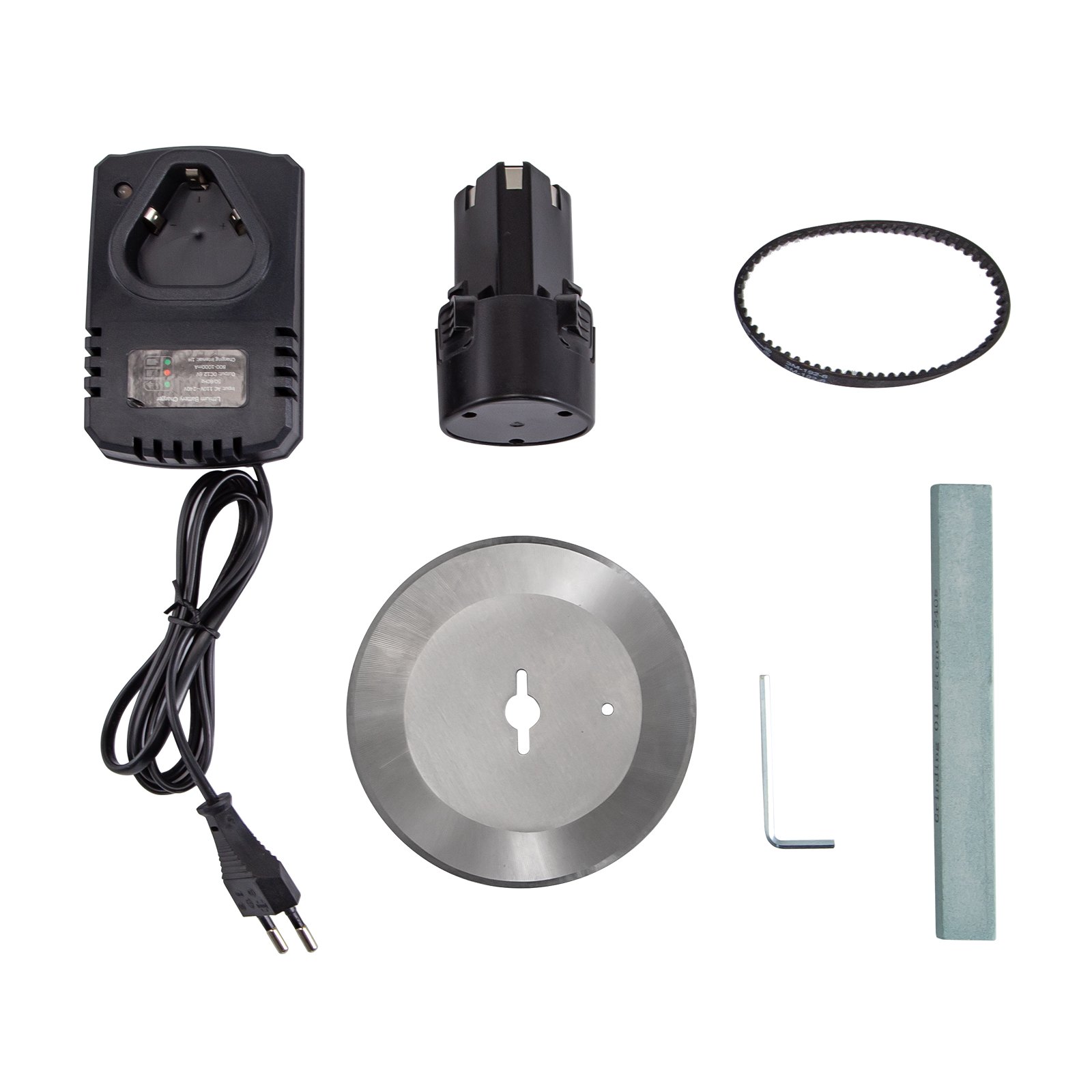 Accesorios para cuchillo shawarma inalámbrico VEVOR: cargador, batería, cuchilla, cinturón y afilador.