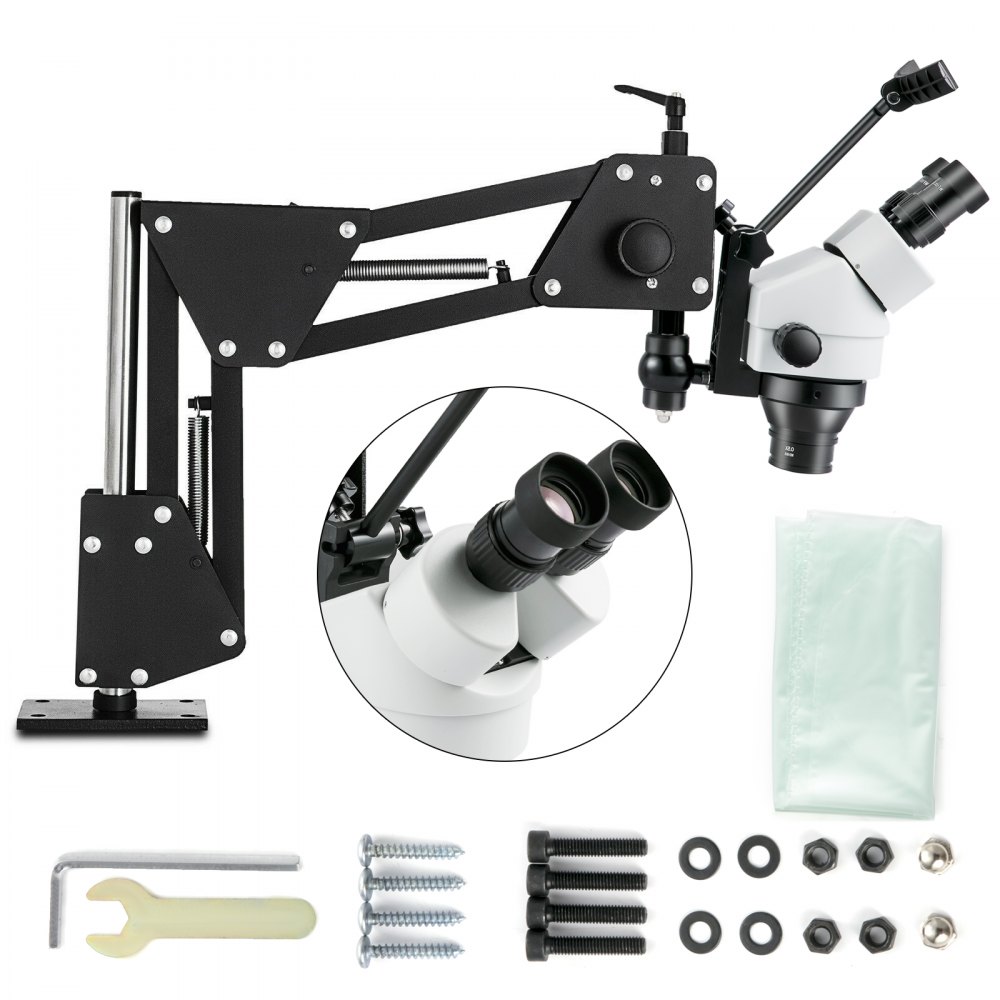 Microscopio con microincrustaciones VEVOR con brazo ajustable, lente y juego de accesorios.