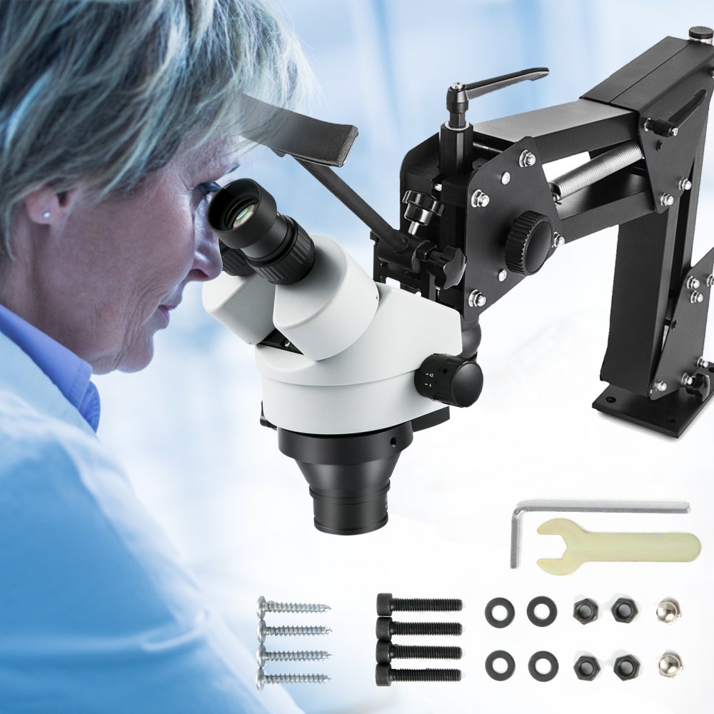 Microscopio con microincrustaciones VEVOR con brazo ajustable y componentes de hardware de montaje.