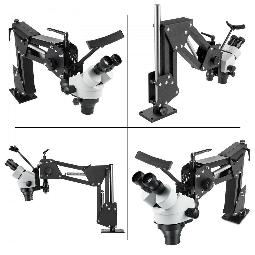 Microscopio con microincrustaciones VEVOR que muestra brazos ajustables y ocular binocular.