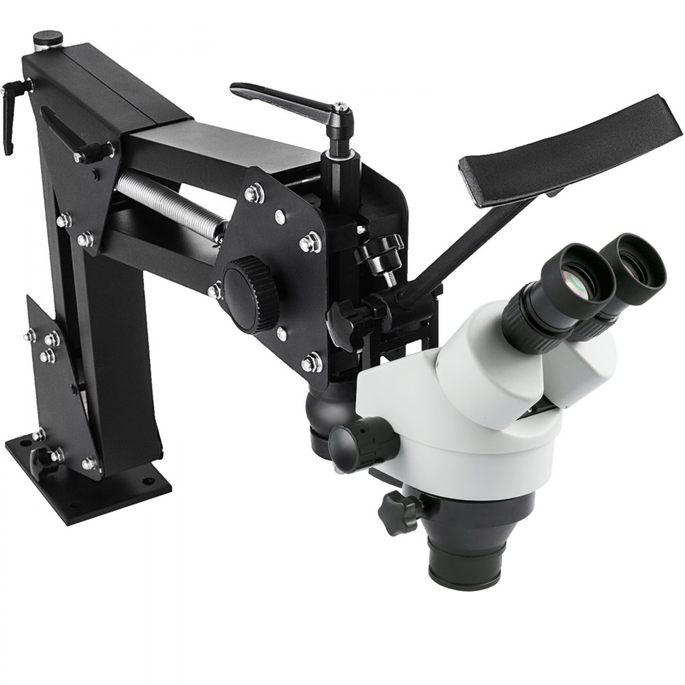 Microscopio microincrustado VEVOR con oculares duales y soporte de brazo ajustable.