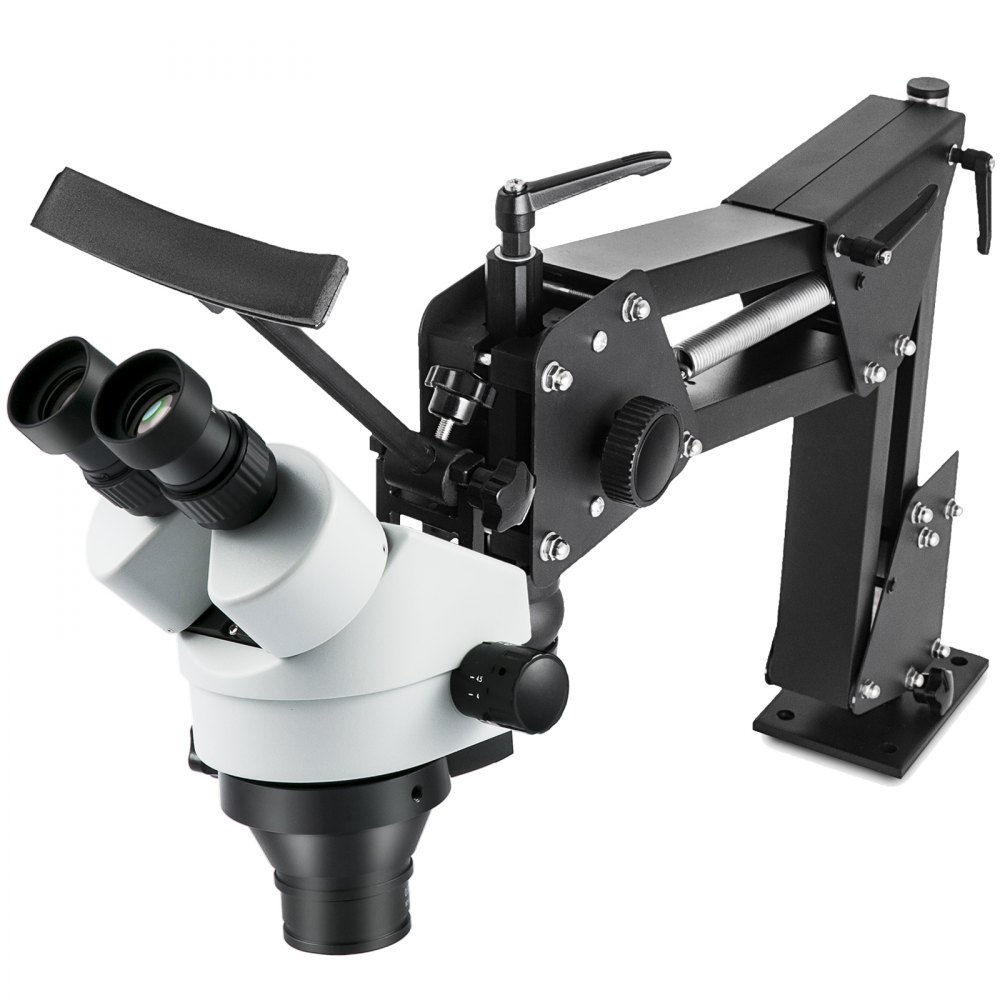 Microscopio VEVOR con microincrustaciones, brazo metálico ajustable y oculares duales.
