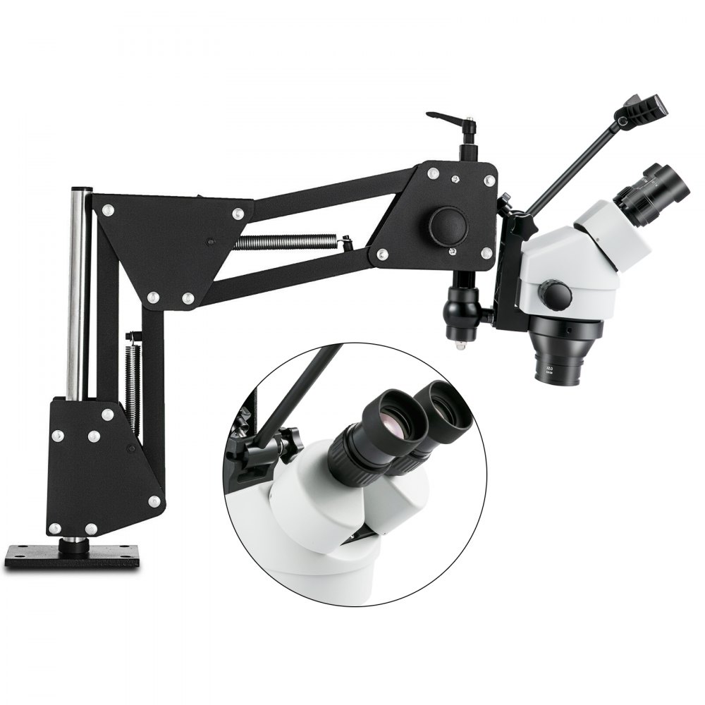 Microscopio VEVOR con microincrustaciones, brazo ajustable y oculares duales para trabajos de precisión.