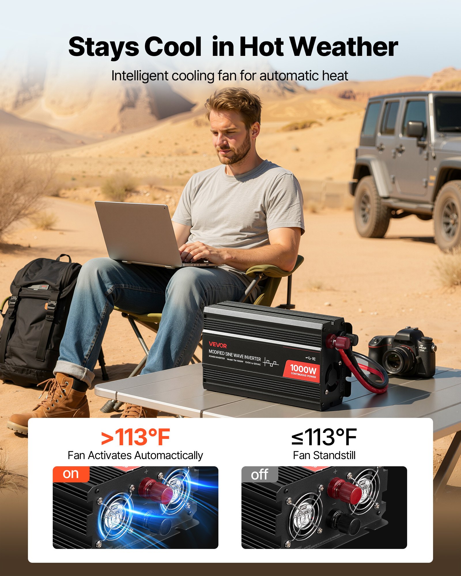 VEVOR 1000W Power Inverter, 12V DC to 120V AC Modified Sine Wave Inverter, Car Charger Converter with USB & Type-C Port, 2 AC Outlets, LED Indicator Light, Ideal for RV, Truck Outdoor Camping