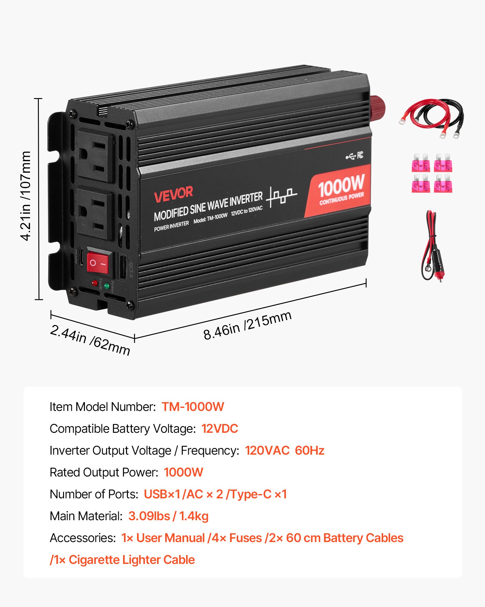 VEVOR 1000W Power Inverter, 12V DC to 120V AC Modified Sine Wave Inverter, Car Charger Converter with USB & Type-C Port, 2 AC Outlets, LED Indicator Light, Ideal for RV, Truck Outdoor Camping