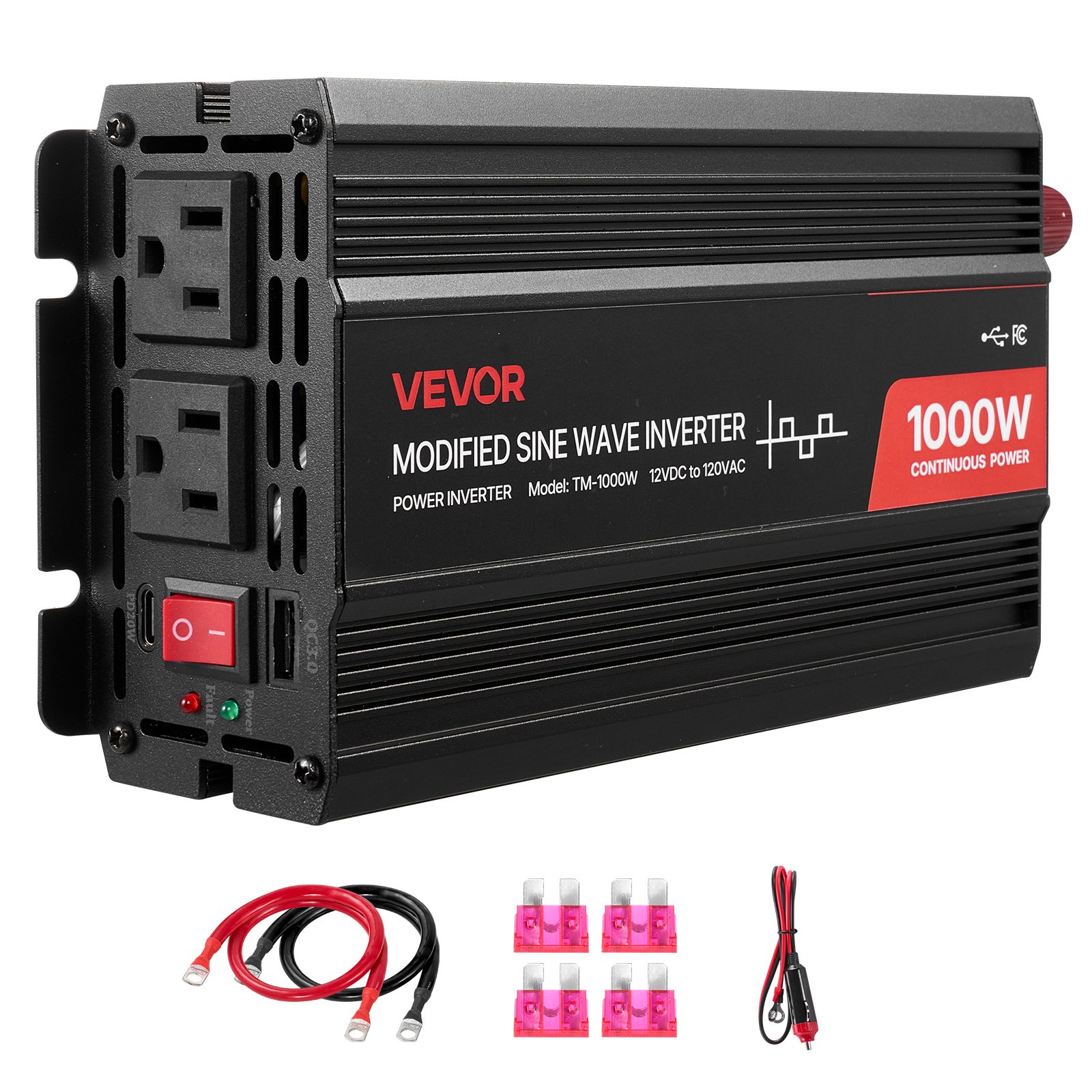 VEVOR 1000W Power Inverter, 12V DC to 120V AC Modified Sine Wave Inverter, Car Charger Converter with USB & Type-C Port, 2 AC Outlets, LED Indicator Light, Ideal for RV, Truck Outdoor Camping