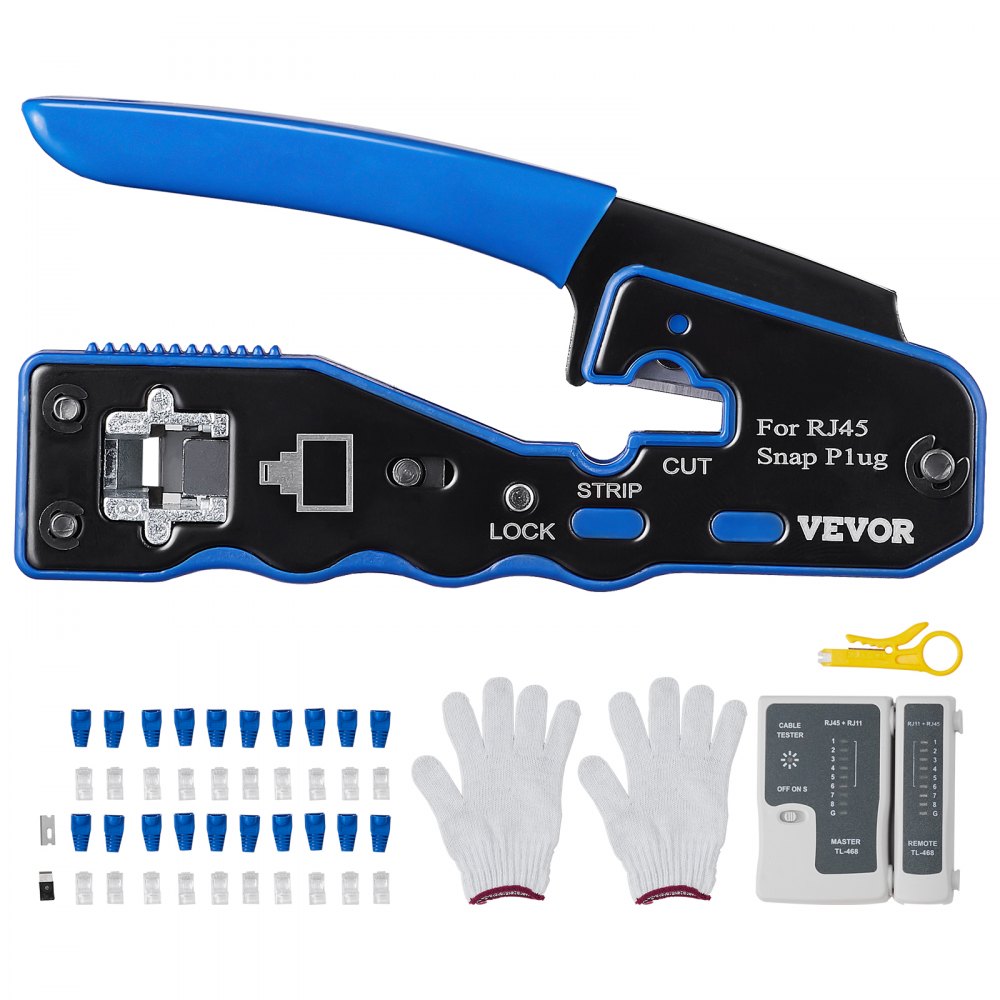 VEVOR Kit de herramientas de engarzado RJ45, engarzador Ethernet de paso Cat5e/Cat6/Cat6a para enchufes modulares 8P8C con 20 conectores y 20 cubiertas, pelacables y probador de red