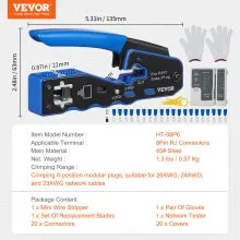 VEVOR Kit de herramientas de engarzado RJ45, engarzador Ethernet de paso Cat5e/Cat6/Cat6a para enchufes modulares 8P8C con 20 conectores y 20 cubiertas, pelacables y probador de red