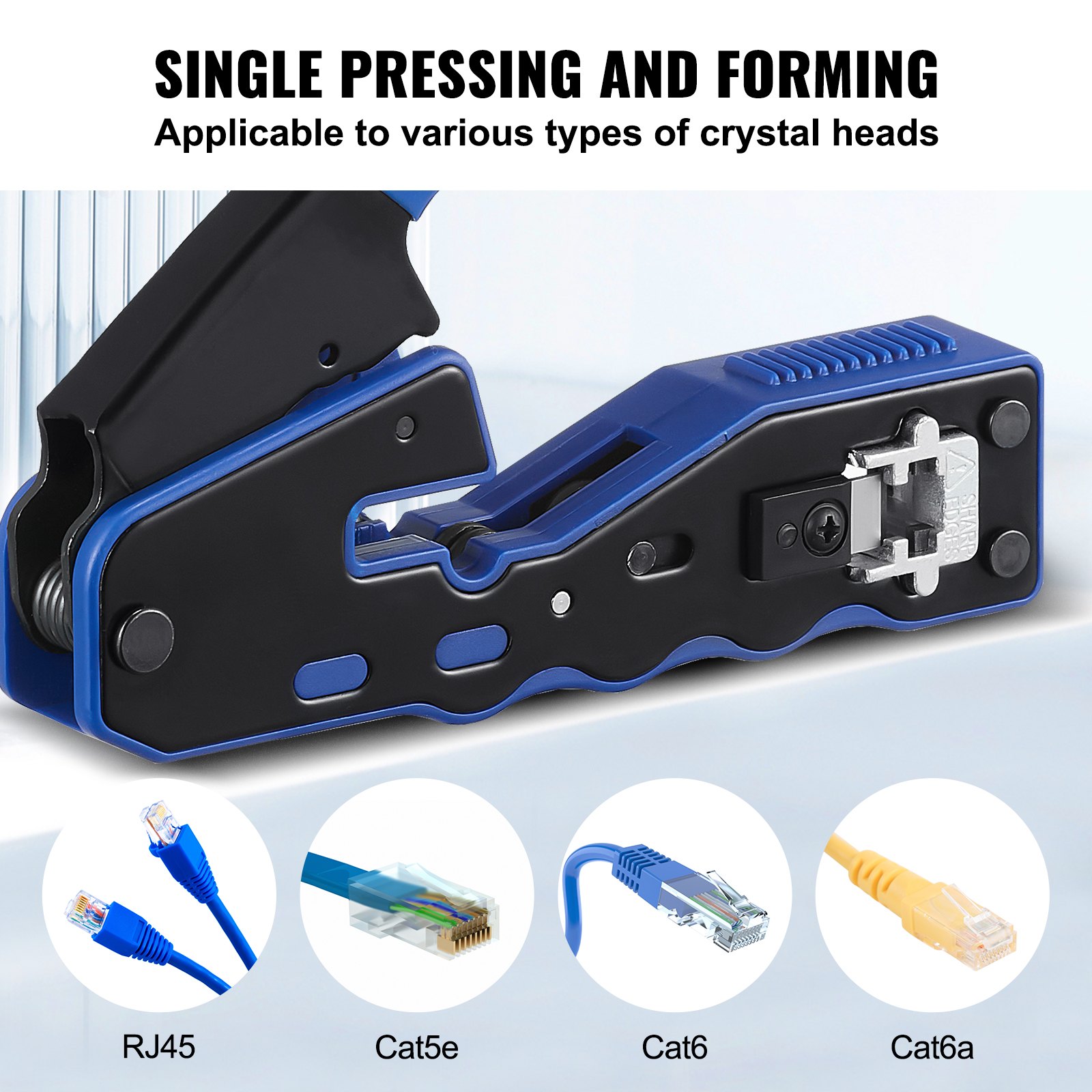 VEVOR Kit de herramientas de engarzado RJ45, engarzador Ethernet de paso Cat5e/Cat6/Cat6a para enchufes modulares 8P8C con 20 conectores y 20 cubiertas, pelacables y probador de red