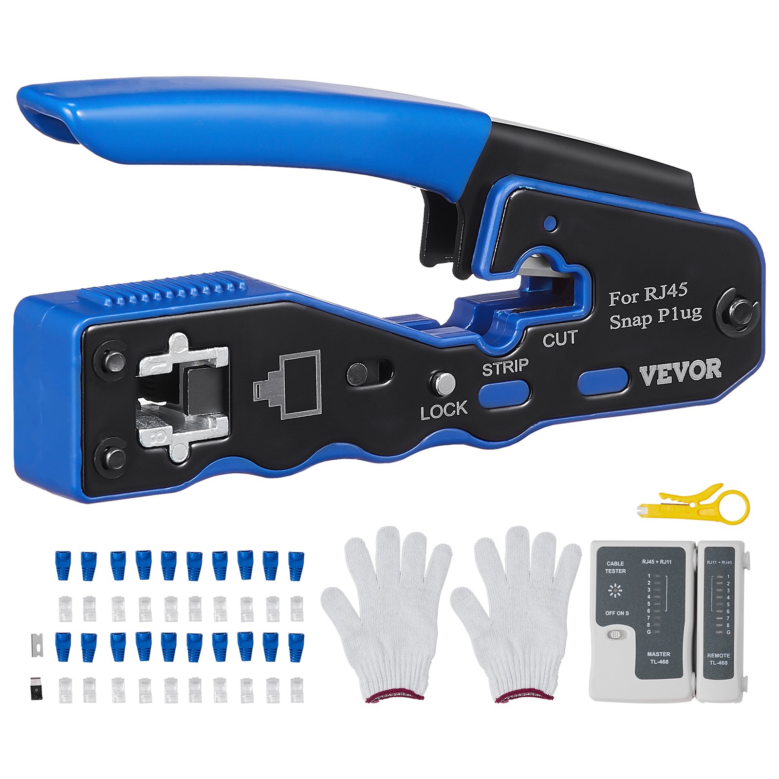 VEVOR Kit de herramientas de engarzado RJ45, engarzador Ethernet de paso Cat5e/Cat6/Cat6a para enchufes modulares 8P8C con 20 conectores y 20 cubiertas, pelacables y probador de red