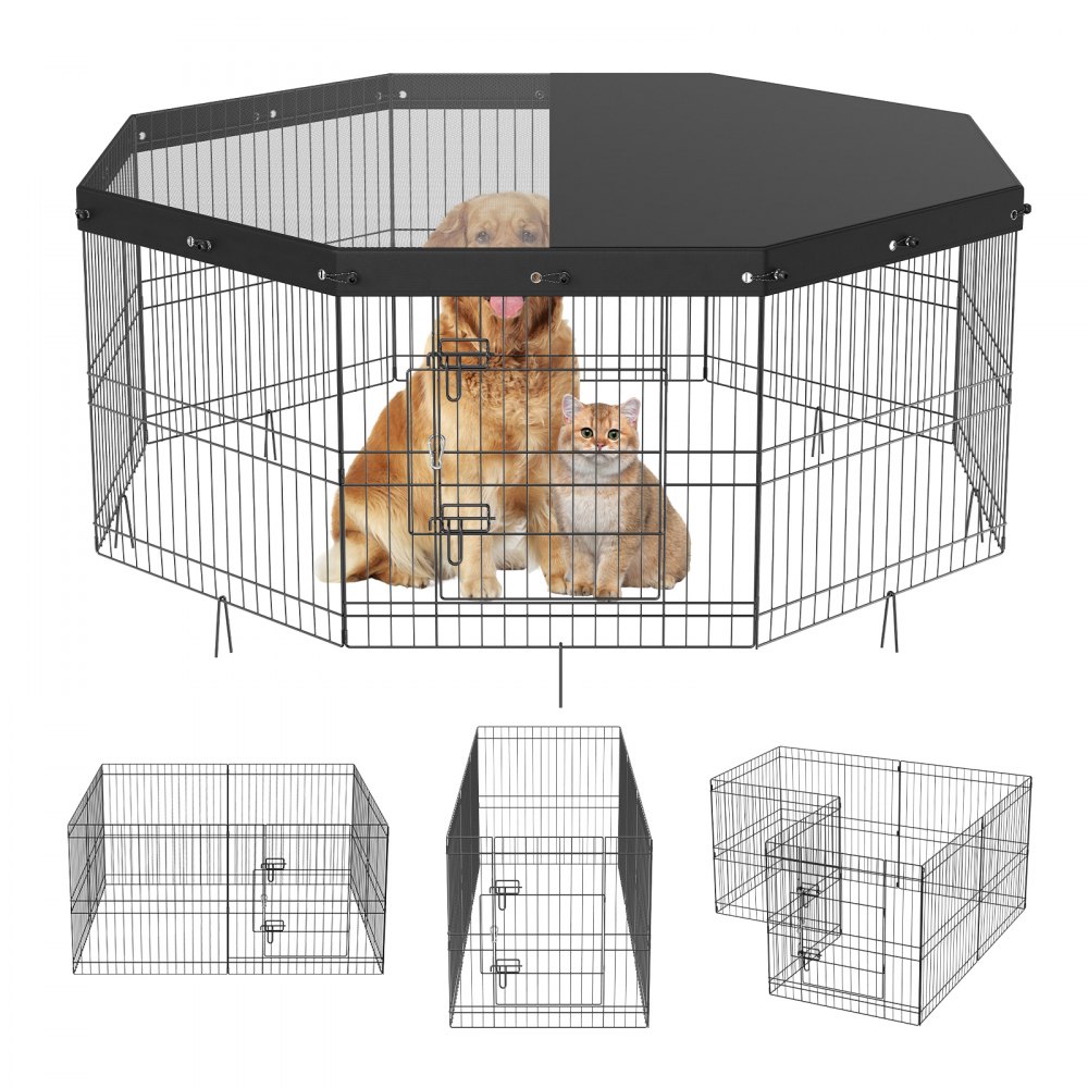 Parque de juegos para perros VEVOR con cubierta superior, con un perro y un gato en el interior. Varias configuraciones que se muestran a continuación.