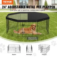VEVOR Parque para perros, 8 paneles plegable de metal para ejercicios con cubierta superior, valla para mascotas de 24 pulgadas de alto, caseta para cachorros con estacas para el suelo, corral para perros para interiores y exteriores para mascotas pequeñas y medianas, para acampar, patio