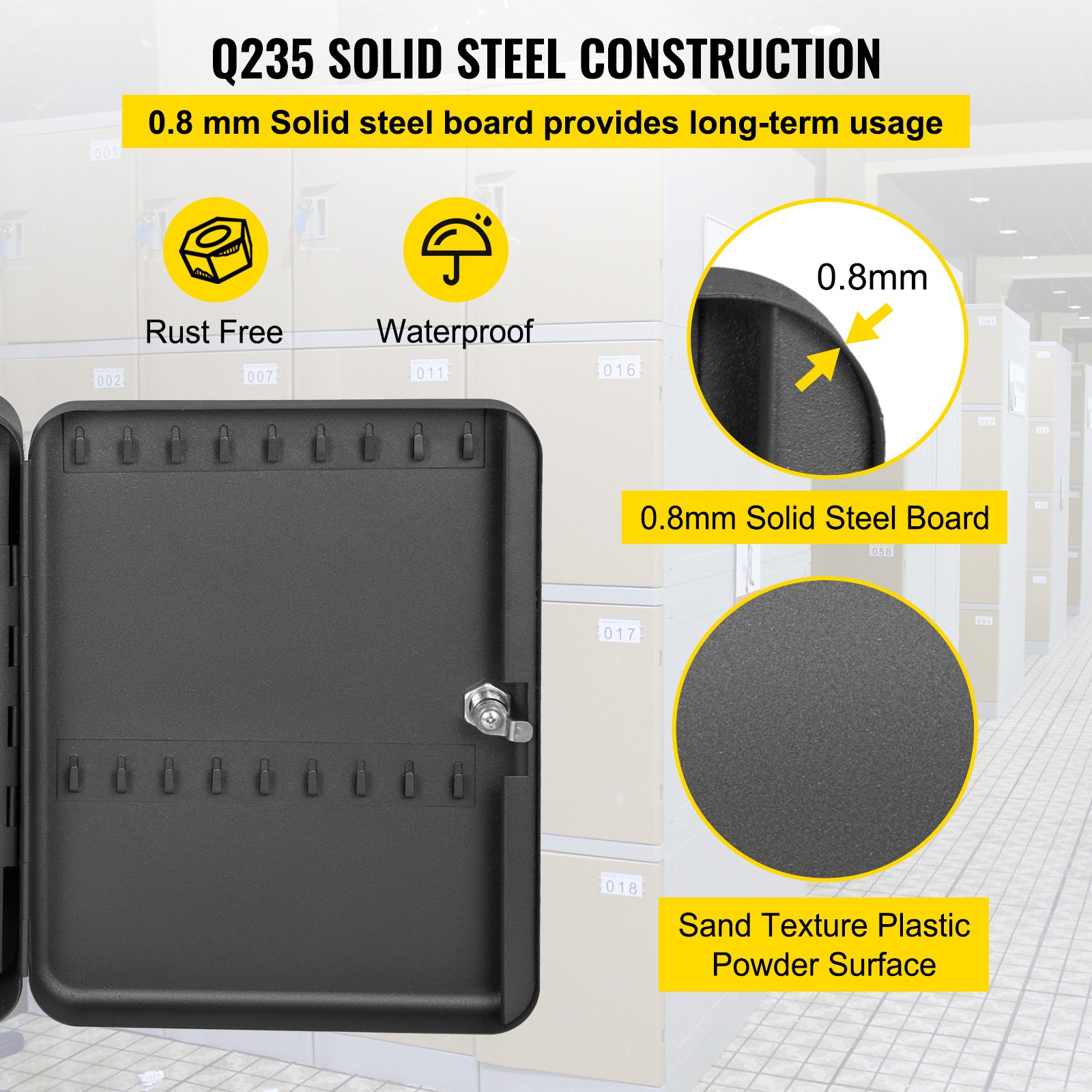 Gabinete para llaves VEVOR, 72 posiciones, caja de bloqueo de llaves de acero Q235 con 72 ganchos para llaves, etiquetas y 2 llaves, gabinete de almacenamiento de llaves para montaje en pared para oficina, hotel, banco, negro