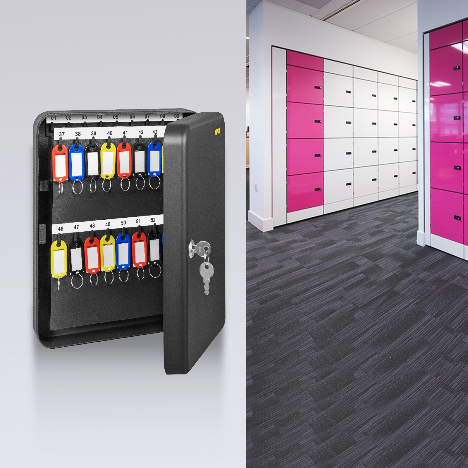Gabinete para llaves VEVOR, 72 posiciones, caja de bloqueo de llaves de acero Q235 con 72 ganchos para llaves, etiquetas y 2 llaves, gabinete de almacenamiento de llaves para montaje en pared para oficina, hotel, banco, negro