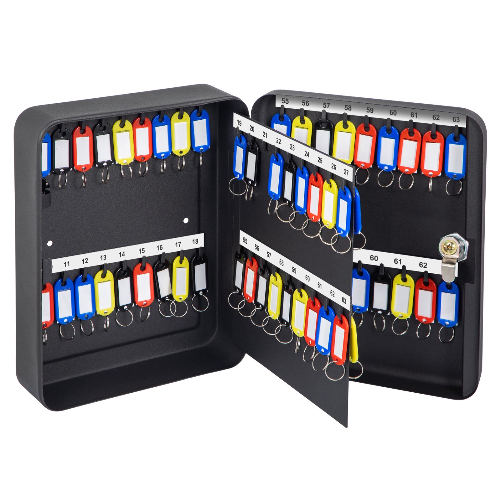 Gabinete para llaves VEVOR, 72 posiciones, caja de bloqueo de llaves de acero Q235 con 72 ganchos para llaves, etiquetas y 2 llaves, gabinete de almacenamiento de llaves para montaje en pared para oficina, hotel, banco, negro