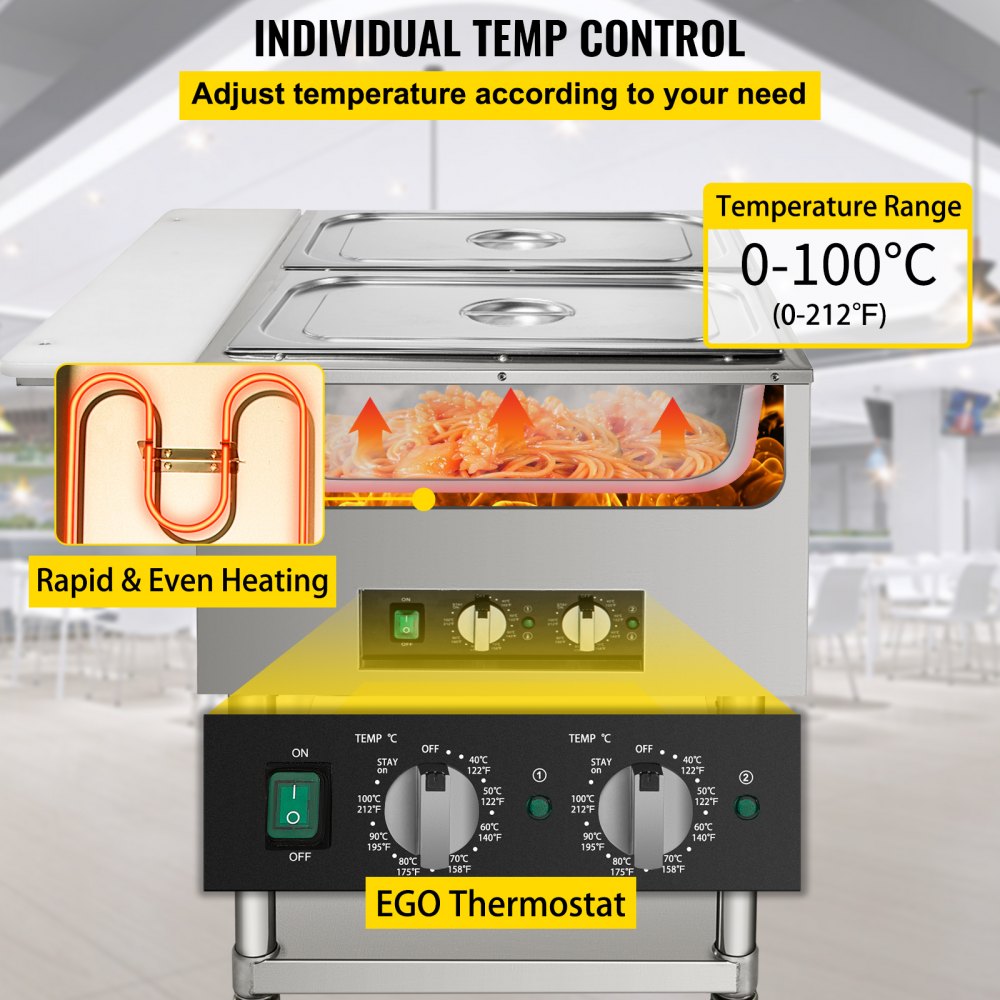 Calentador de alimentos eléctrico comercial VEVOR, mesa de vapor de 2 ollas, 0-100 ℃, con 2 ruedas bloqueables, fabricado en acero inoxidable profesional con certificación ETL para catering y restaurantes.