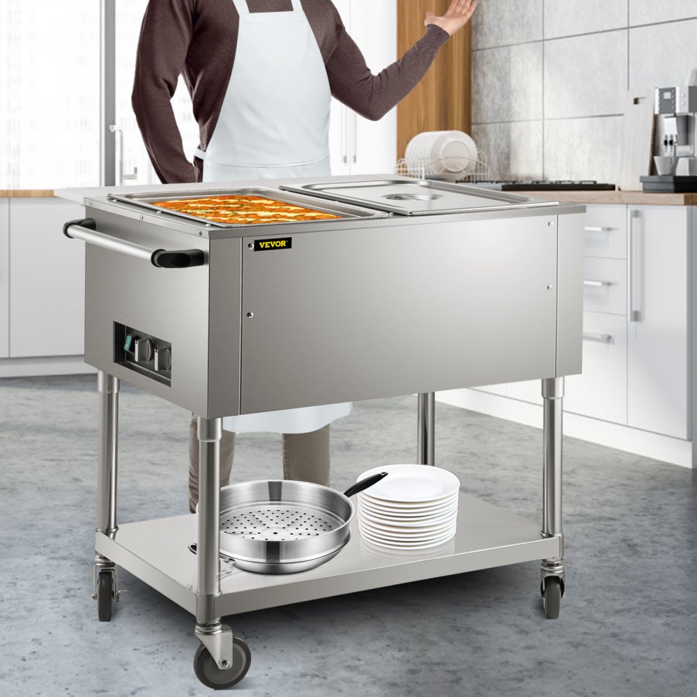 Calentador de alimentos eléctrico comercial VEVOR, mesa de vapor de 2 ollas, 0-100 ℃, con 2 ruedas bloqueables, fabricado en acero inoxidable profesional con certificación ETL para catering y restaurantes.