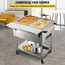 VEVOR Calentador de Comida Calentador de alimentos eléctrico comercial calentador de alimentos de mesa de vapor de 2 ollas 0-100 ℃ con 2 ruedas