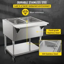 VEVOR Calentador de Comida Calentador de alimentos eléctrico comercial calentador de alimentos de mesa de vapor de 2 ollas 0-100 ℃ con 2 ruedas
