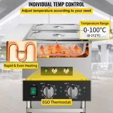 VEVOR Calentador de Comida Calentador de alimentos eléctrico comercial calentador de alimentos de mesa de vapor de 2 ollas 0-100 ℃ con 2 ruedas