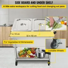 VEVOR Calentador de Comida Calentador de alimentos eléctrico comercial calentador de alimentos de mesa de vapor de 2 ollas 0-100 ℃ con 2 ruedas