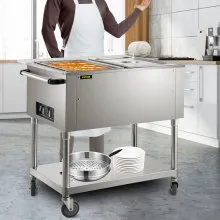 VEVOR Calentador de Comida Calentador de alimentos eléctrico comercial calentador de alimentos de mesa de vapor de 2 ollas 0-100 ℃ con 2 ruedas