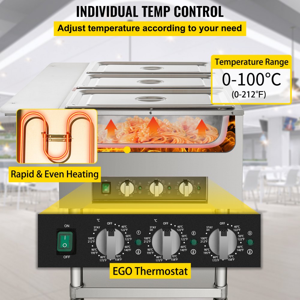 Calentador de alimentos eléctrico comercial VEVOR, mesa de vapor de 3 ollas, 0-100 ℃, con 2 ruedas bloqueables, fabricado en acero inoxidable profesional con certificación ETL para catering y restaurantes.