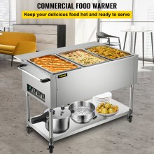 VEVOR Calentador de alimentos eléctrico comercial, calentador de alimentos de mesa de vapor de 3 ollas 0-100 ℃ con 2 ruedas bloqueables, material profesional de acero inoxidable con certificación ETL para catering y restaurantes