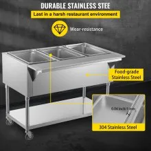 VEVOR Calentador de alimentos eléctrico comercial, calentador de alimentos de mesa de vapor de 3 ollas 0-100 ℃ con 2 ruedas bloqueables, material profesional de acero inoxidable con certificación ETL para catering y restaurantes