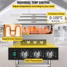 VEVOR Calentador de alimentos eléctrico comercial, calentador de alimentos de mesa de vapor de 3 ollas 0-100 ℃ con 2 ruedas bloqueables, material profesional de acero inoxidable con certificación ETL para catering y restaurantes