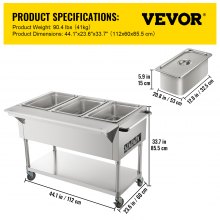 VEVOR Calentador de alimentos eléctrico comercial, calentador de alimentos de mesa de vapor de 3 ollas 0-100 ℃ con 2 ruedas bloqueables, material profesional de acero inoxidable con certificación ETL para catering y restaurantes