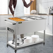 VEVOR Calentador de alimentos eléctrico comercial, calentador de alimentos de mesa de vapor de 3 ollas 0-100 ℃ con 2 ruedas bloqueables, material profesional de acero inoxidable con certificación ETL para catering y restaurantes