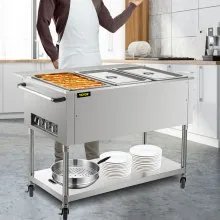 VEVOR Calentador de alimentos eléctrico comercial, calentador de alimentos de mesa de vapor de 3 ollas 0-100 ℃ con 2 ruedas bloqueables, material profesional de acero inoxidable con certificación ETL para catering y restaurantes