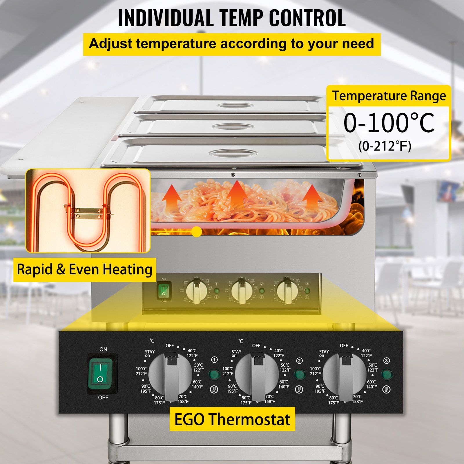 Calentador de alimentos eléctrico comercial VEVOR, mesa de vapor de 3 ollas, 0-100 ℃, con 2 ruedas bloqueables, fabricado en acero inoxidable profesional con certificación ETL para catering y restaurantes.