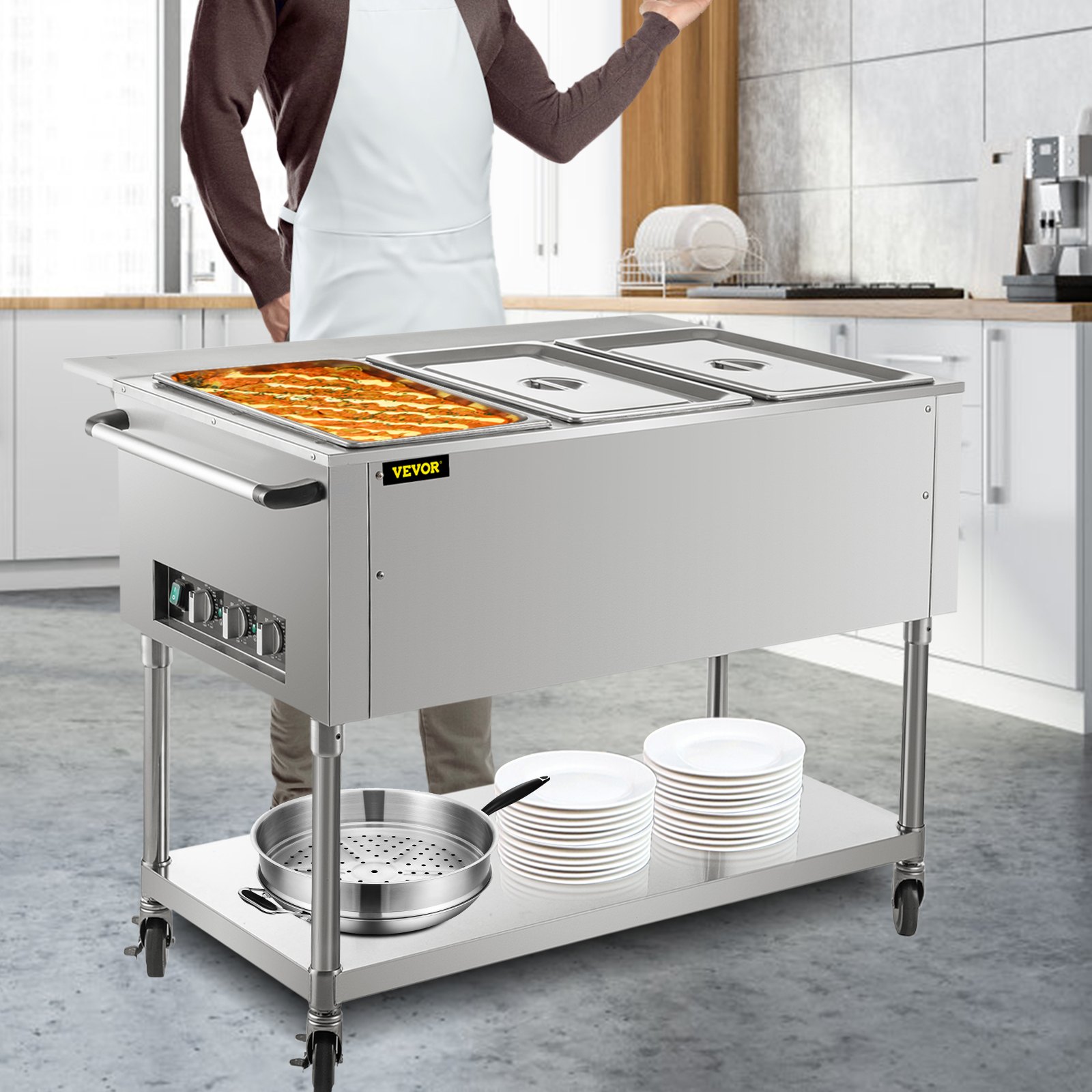 Calentador de alimentos eléctrico comercial VEVOR, mesa de vapor de 3 ollas, 0-100 ℃, con 2 ruedas bloqueables, fabricado en acero inoxidable profesional con certificación ETL para catering y restaurantes.