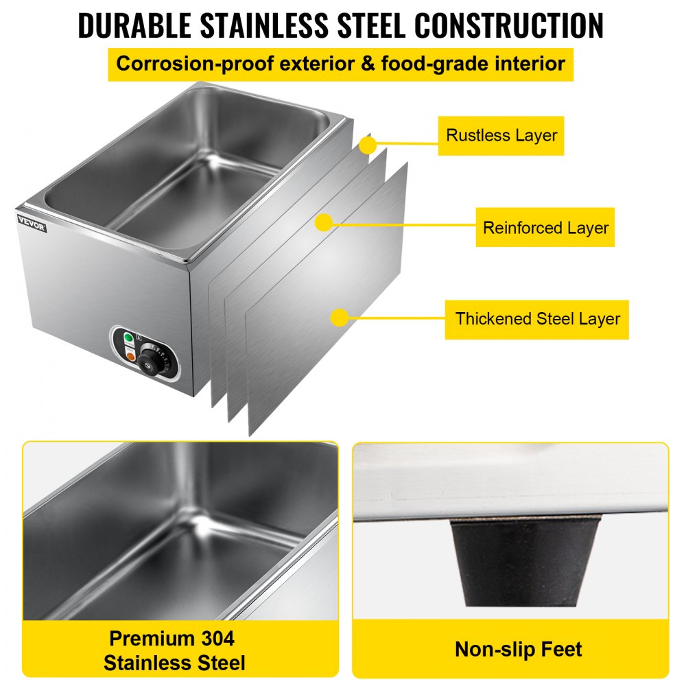 VEVOR Calentador de Comida Calentador Bufé 25,8 L Servidor de Bufé 1200 W de Acero Inoxidable 30-110℃