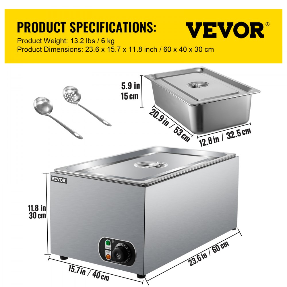 VEVOR Calentador de Comida Calentador Bufé 25,8 L Servidor de Bufé 1200 W de Acero Inoxidable 30-110℃