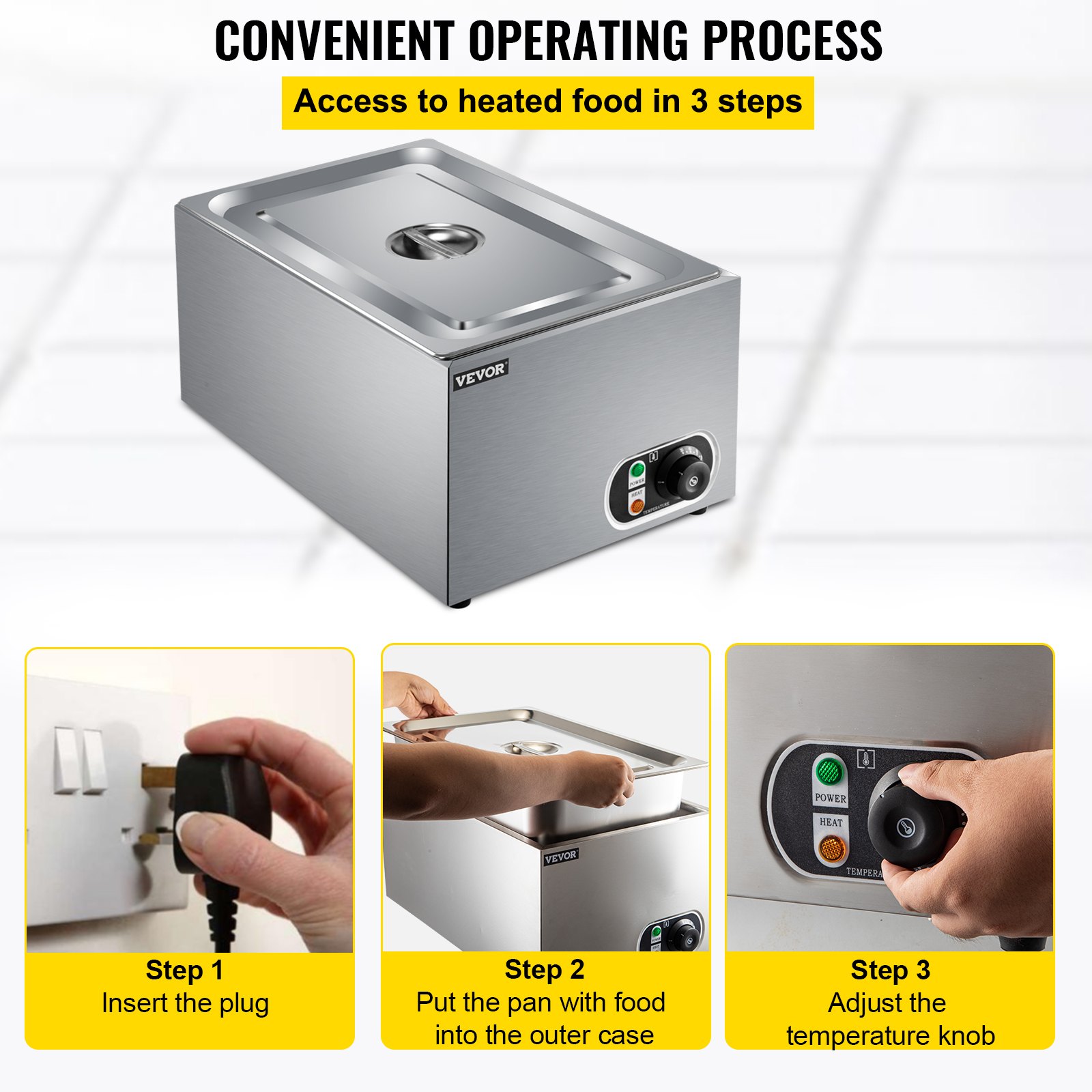 VEVOR Calentador de Comida Calentador Bufé 25,8 L Servidor de Bufé 1200 W de Acero Inoxidable 30-110℃