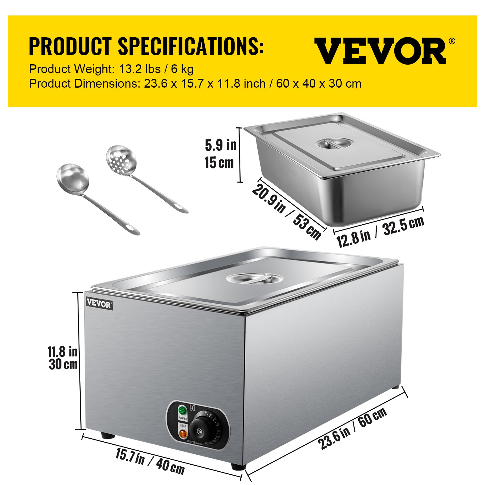 VEVOR Calentador de Comida Calentador Bufé 25,8 L Servidor de Bufé 1200 W de Acero Inoxidable 30-110℃