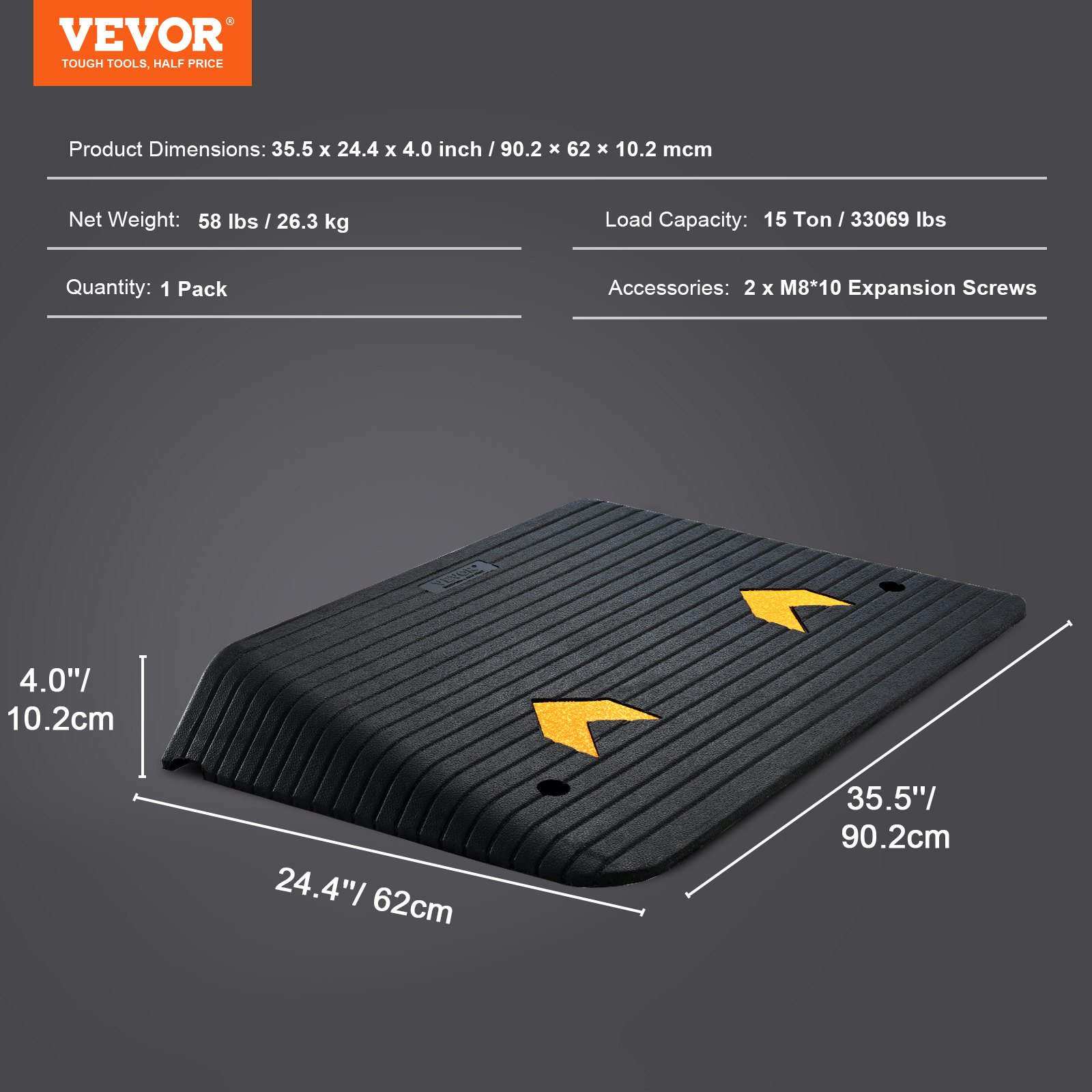 VEVOR Rampa de Umbral Altura 10,2 cm Rampa de Goma para Acera con 1 Canal Carga de 15 T Superficie Texturizada Antideslizante para Silla de Ruedas Coche Scooter Muelle Garaje 90,2x62x10,2 cm