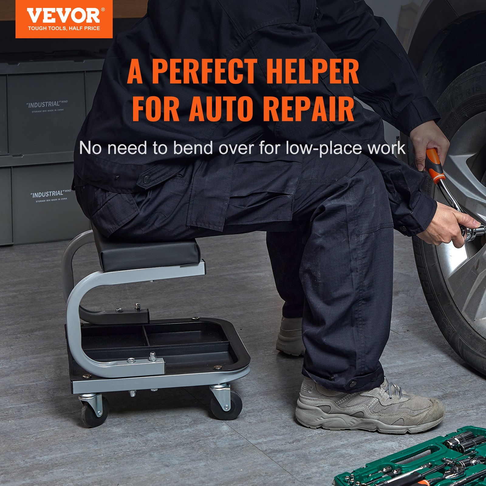 VEVOR Mechanics Garaje Taburete 250 LBS Mechanic Creeper Asiento debajo de la bandeja de herramientas del automóvil