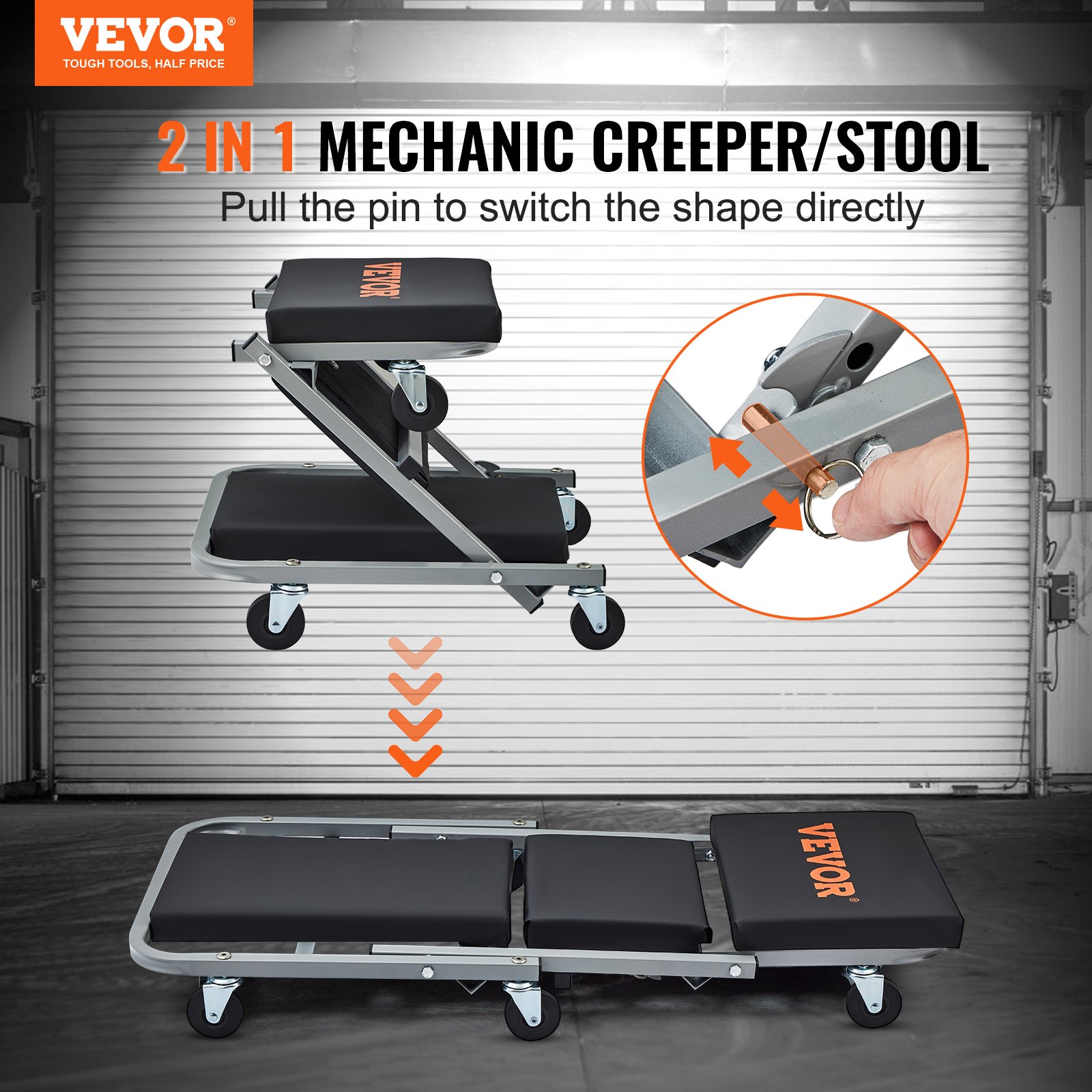 VEVOR Z-Creeper Seat, 2 en 1, taburete/enredadera plegable para coche, enredadera mecánica de 300 libras de capacidad, enredadera de perfil bajo con 6 ruedas para garaje, tienda, reparación de automóv