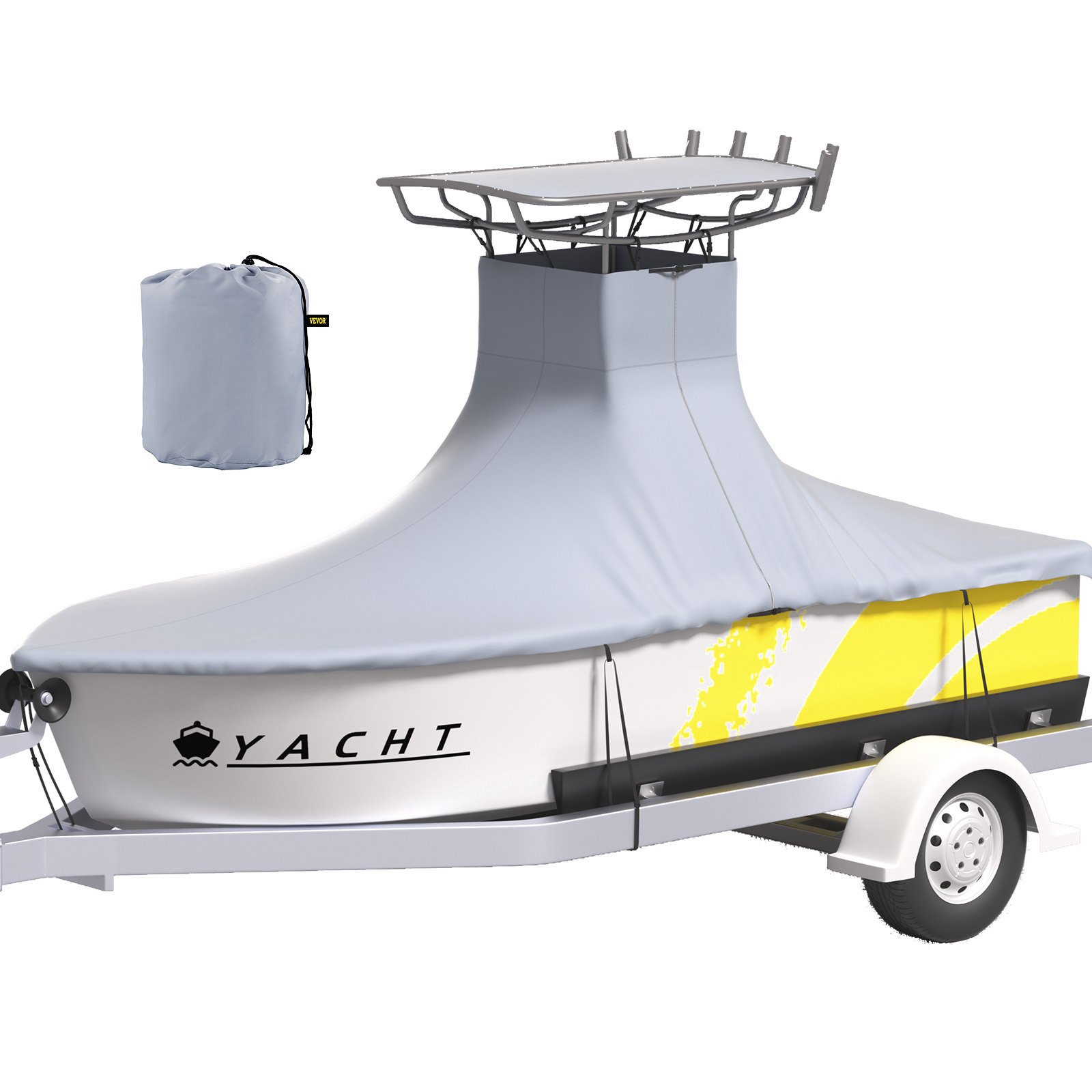 VEVOR T-Top Boat Cover, apto para barcos de 16'-18.5', Heavy Duty 600D Marine Grade Oxford Hard Top Cover, resistente a los rayos UV, impermeable, consola central, cubierta de barco con 2 postes de soporte y 5 correas a prueba de viento, gris