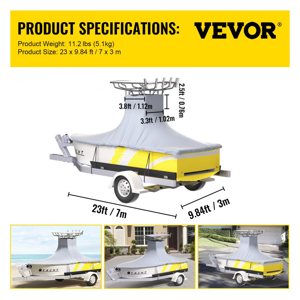 VEVOR T-Top Boat Cover, apto para barcos de 20'-22', Heavy Duty 600D Marine Grade Oxford Hard Top Cover, resistente a los rayos UV, impermeable, consola central, cubierta de barco con 2 postes de soporte y 7 correas a prueba de viento, gris