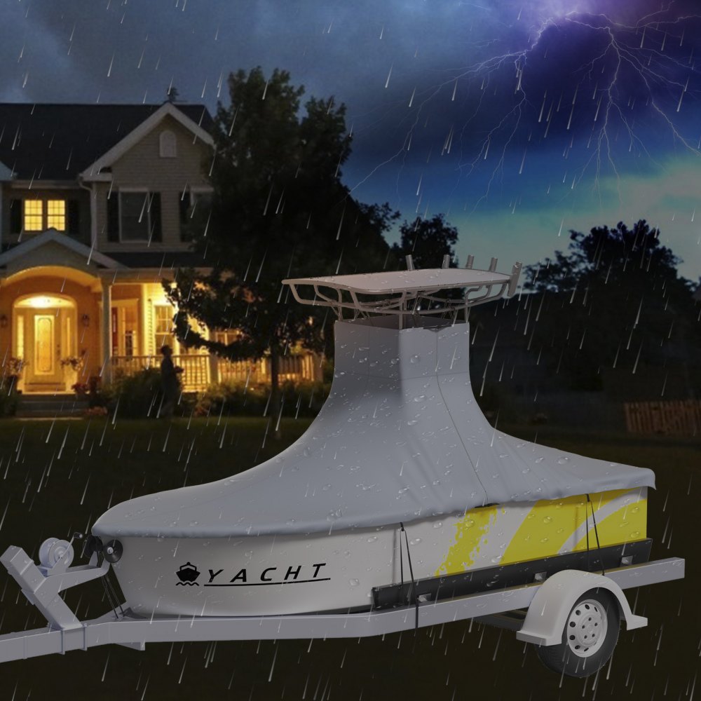 VEVOR T-Top Boat Cover, apto para barcos de 20'-22', Heavy Duty 600D Marine Grade Oxford Hard Top Cover, resistente a los rayos UV, impermeable, consola central, cubierta de barco con 2 postes de soporte y 7 correas a prueba de viento, gris