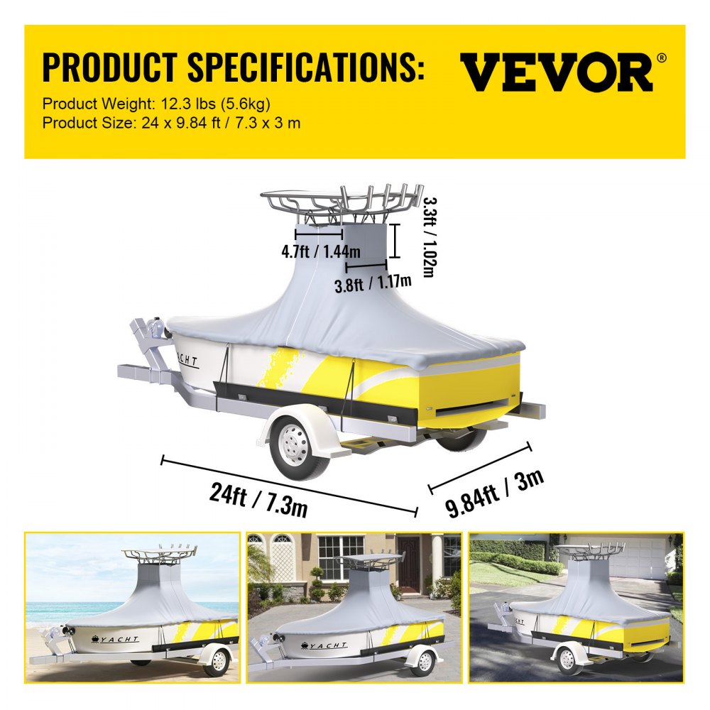 VEVOR T-Top Boat Cover, apto para barcos de 22'-24', Heavy Duty 600D Marine Grade Oxford Hard Top Cover, resistente a los rayos UV, impermeable, consola central, cubierta de barco con 2 postes de soporte y 7 correas a prueba de viento, gris