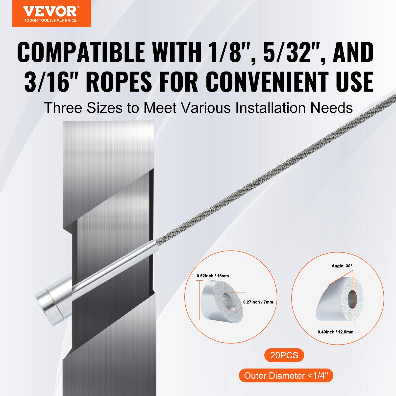 Kit de barandilla de cable VEVOR para cuerdas de 1/8&quot;, 5/32&quot; y 3/16&quot;, disponible en tres tamaños para su instalación.