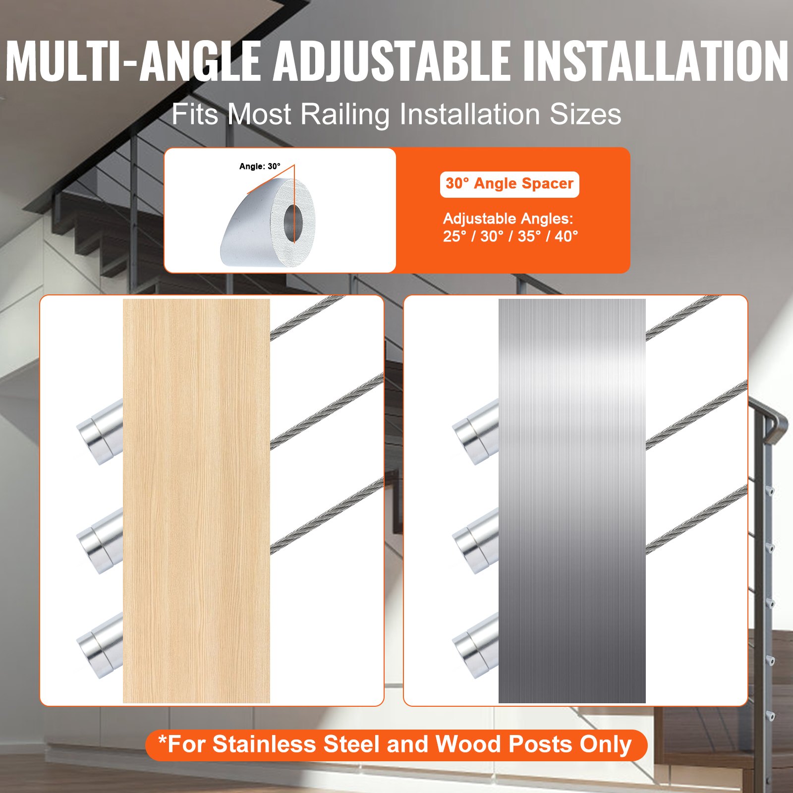 Kit de barandilla de cable VEVOR ajustable en múltiples ángulos para postes de acero inoxidable y madera, ángulos de 25 a 40 grados.
