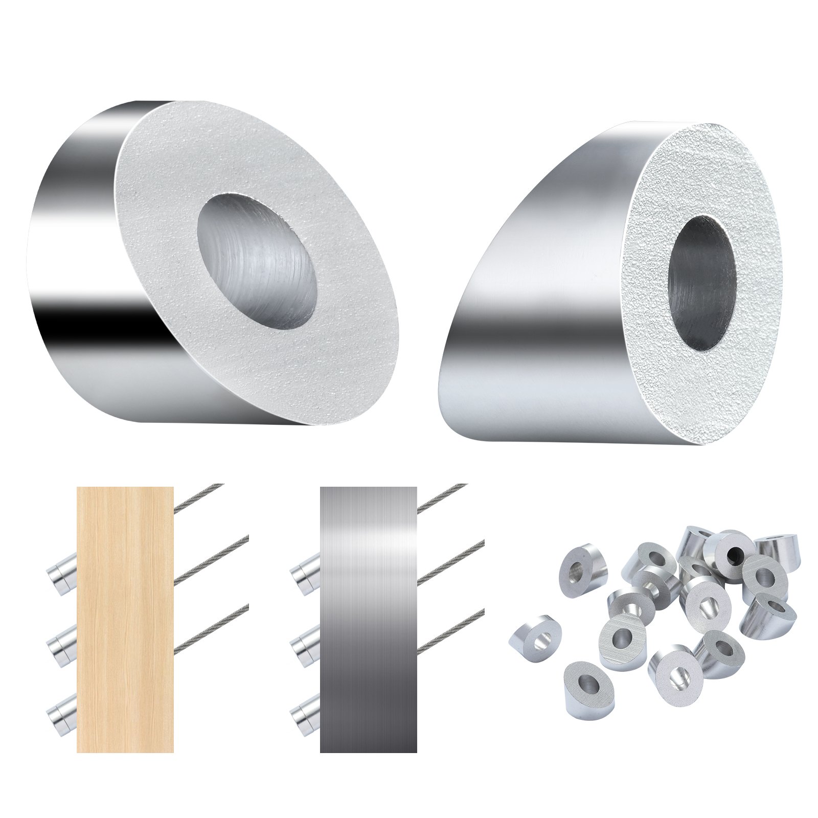 Kit de barandilla de cable VEVOR: herrajes de acero inoxidable, postes de metal cepillado y madera, con componentes adicionales.