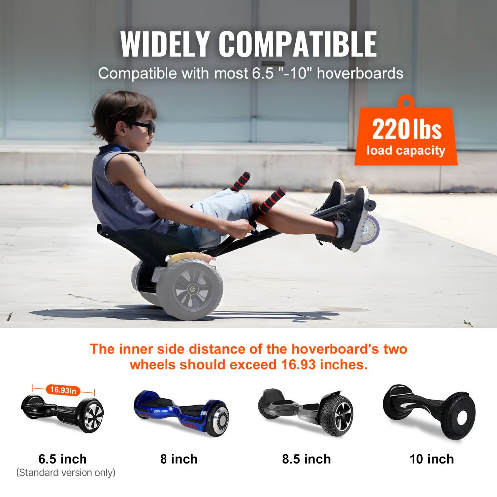 Accesorio de asiento para hoverboard VEVOR, compatible con todos los hoverboards de 6.5", 8", 8.5" y 10", con controles de agarre, longitud de marco ajustable y capacidad de carga de 220 libras, accesorio para hoverboard y karts, para niños y adultos.